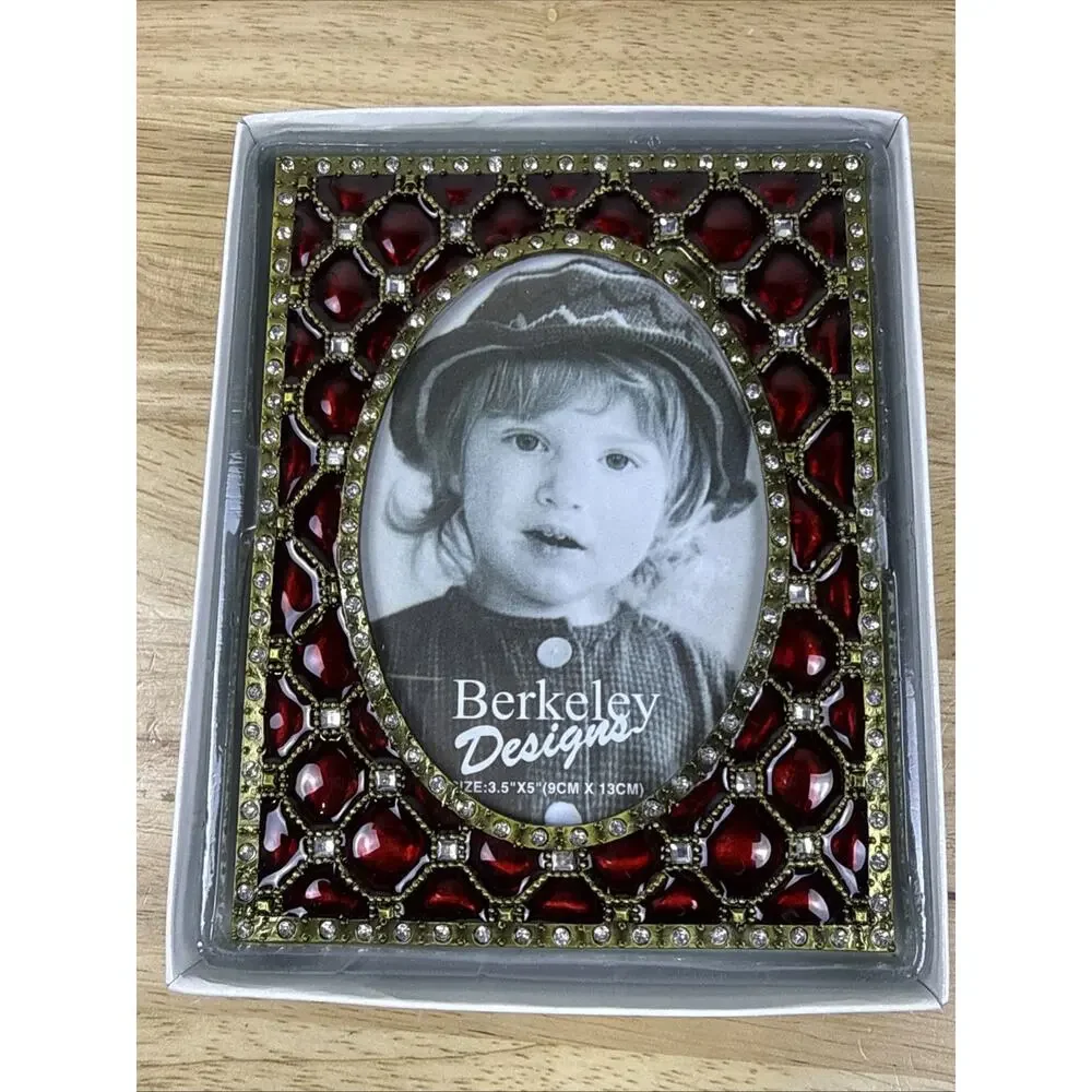 Berkeley Designs Red Enameled & Gold Tone Photo Frame W/Rhinestone 3.5”x5” NEW